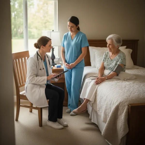 House-call doctor and caregiver reviewing a tablet while checking an older woman’s blood pressure in a private bedroom at Bell Adult Care Home.