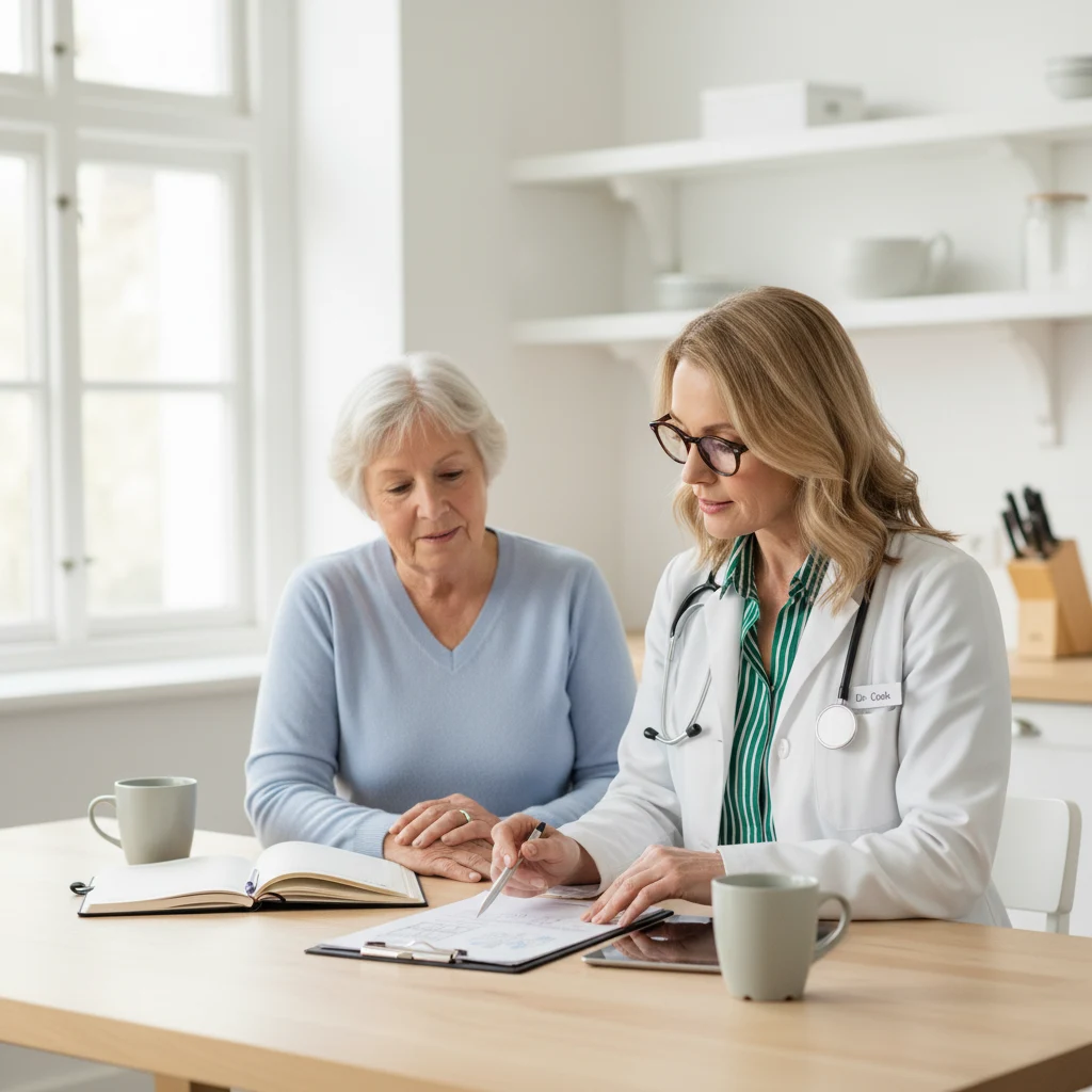 Dr. Cook reviewing a simple home care plan with an older woman at a bright kitchen table.