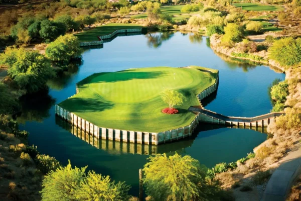 Aerial view of an island-style green surrounded by water at Grayhawk Golf Club.