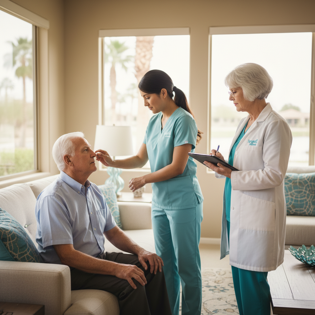 Target1 Medical nurse performing a nasal PCR swab on an older man at home while Dr. Cook stands nearby taking notes during a visit in Scottsdale 85258.