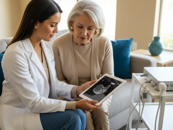 Female doctor in a white coat showing an abdominal ultrasound image on a tablet to an older woman during an in-home visit in the Gainey Ranch 85250 area.