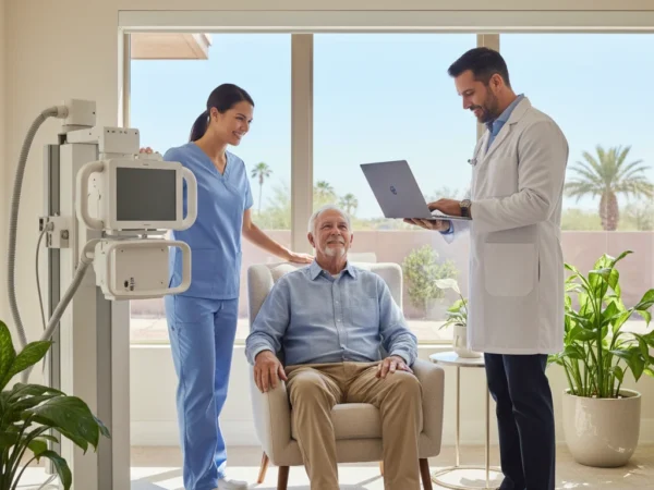 Home visit from a mobile X-ray team in Scottsdale 85250 with an older man in an armchair, nurse beside him and doctor reviewing results on a laptop.