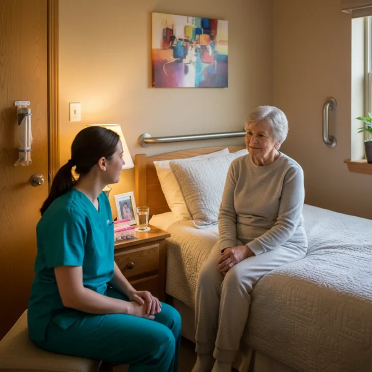 Caregiver in teal scrubs talking with an older woman sitting on her bed in a private room at Active Care Home III assisted living.