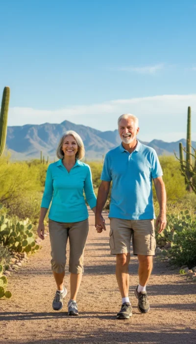 Active older couple walking together outdoors in the Arizona desert, representing healthy aging and mobility