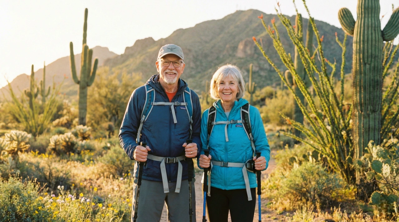 A medium shot of an elderly man and woman in hiking gear standing on a desert trail during golden hour. They are centered in the frame, holding blue trekking poles and wearing backpacks. The man's blue jacket features a visible "Patagonia" logo. The warm, low-angle sunlight creates a glowing rim around the subjects and the surrounding saguaro cacti. The mountain peaks in the background are soft and hazy.