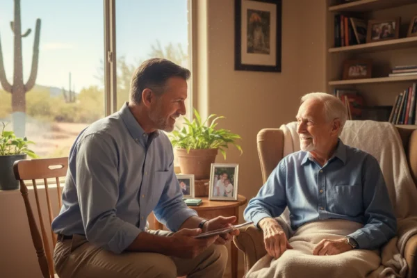 Geriatric doctor conducting a home visit with an older patient in a residential setting in Arizona