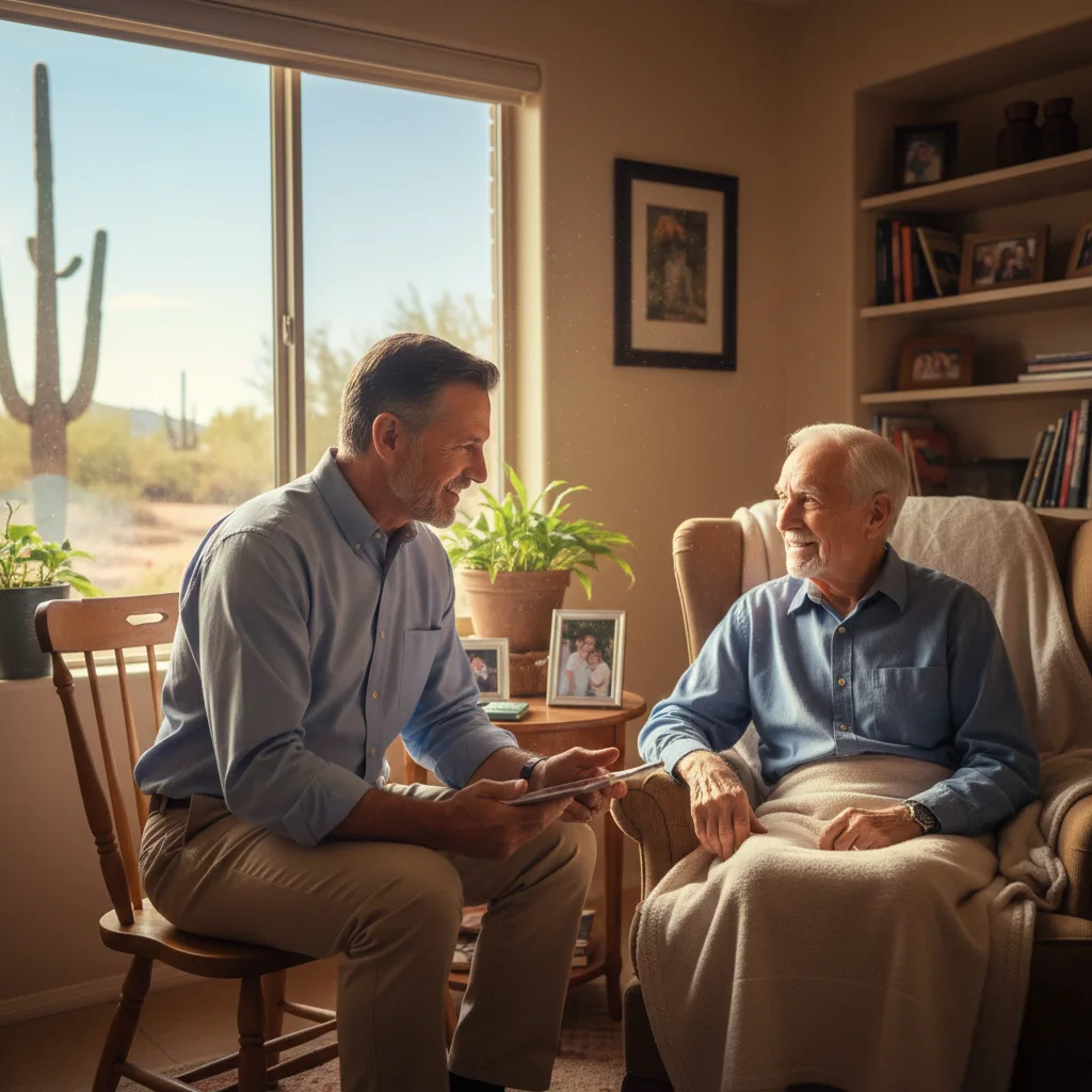 Geriatric doctor conducting a home visit with an older patient in a residential setting in Arizona