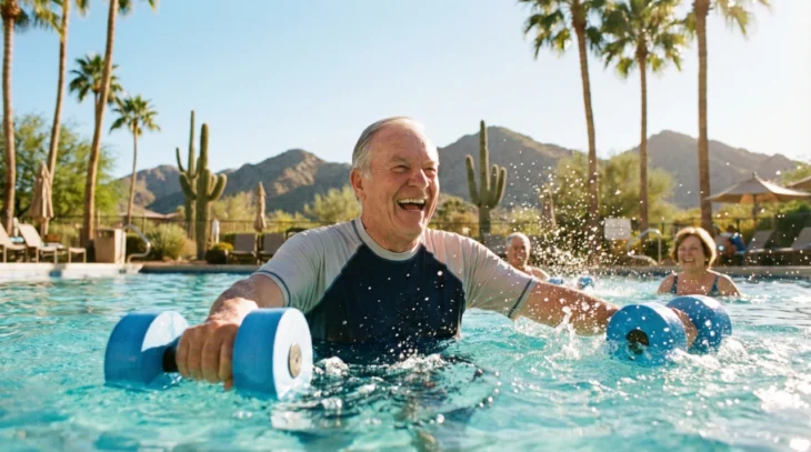 A vibrant, eye-level action photograph captured in the bright, harsh sunlight of the Sonoran Desert. An older man is in the center, laughing joyfully while performing aqua aerobics with blue foam dumbbells in a sparkling swimming pool. The composition includes crisp water splashes and a background of iconic saguaro cactuses and rugged Arizona mountains. The colors are saturated, emphasizing the blue of the water and the golden desert light.