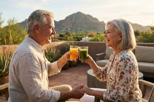 Warm, golden hour light illuminates an elderly couple toasting with glasses of orange and green juice on a patio. In the background are desert mountains and cacti under a clear sky. Their expressions are joyful and relaxed.