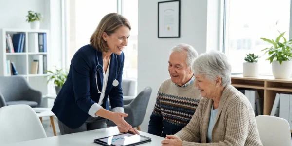 A bright, airy, and high-key photograph set in a modern medical office with clean white walls and natural light. The composition is a medium shot showing a female doctor in a navy blue blazer and stethoscope leaning toward an engaged older couple. They are all looking at a digital tablet displaying colorful health charts and graphs. The atmosphere is professional and warm, with a framed certificate visible on the wall in soft focus.