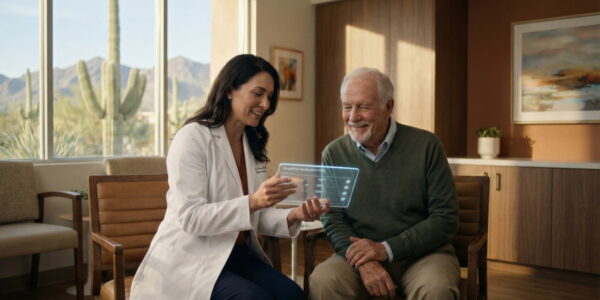 Natural light from a large window overlooking a desert landscape with saguaro cacti fills a modern clinic office. A female doctor in a white coat and an elderly male patient sit together, looking at a transparent tablet displaying a glowing holographic interface titled "Simplified Medication Plan".