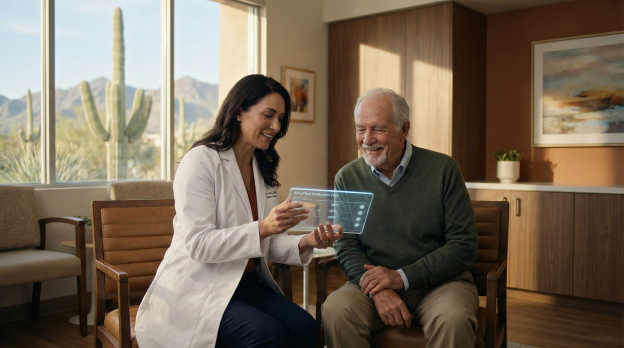 Natural light from a large window overlooking a desert landscape with saguaro cacti fills a modern clinic office. A female doctor in a white coat and an elderly male patient sit together, looking at a transparent tablet displaying a glowing holographic interface titled "Simplified Medication Plan".