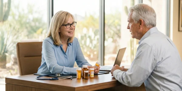 A professional and airy medium shot of a female geriatrician with blonde hair and dark-framed glasses consulting with a senior male patient in a modern medical office. The composition is balanced, with bright natural light coming from a large window showcasing desert flora outside. On the wooden desk sit several orange prescription bottles and a blue stethoscope. The doctor has a warm, empathetic smile.