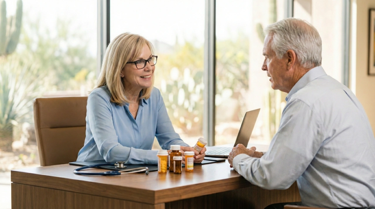 A professional and airy medium shot of a female geriatrician with blonde hair and dark-framed glasses consulting with a senior male patient in a modern medical office. The composition is balanced, with bright natural light coming from a large window showcasing desert flora outside. On the wooden desk sit several orange prescription bottles and a blue stethoscope. The doctor has a warm, empathetic smile.
