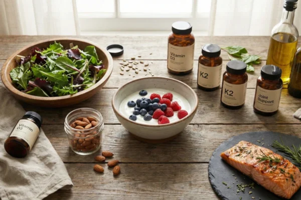 A high-angle, top-down photograph of a rustic wooden table bathed in soft, natural window light. The composition features an aesthetic arrangement of healthy foods: a wooden bowl of leafy greens, a ceramic bowl of yogurt topped with blueberries and raspberries, and grilled salmon on a slate plate. Interspersed among the food are several amber glass supplement bottles with clean, minimalist labels featuring text like "Vitamin D3," "K2," and "Joint Support."