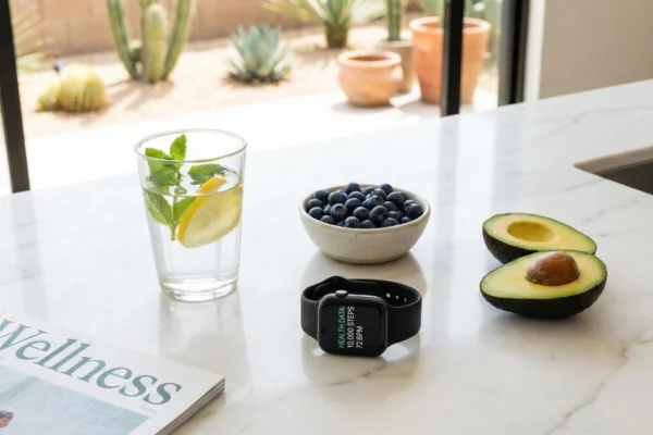 A bright, minimalist lifestyle shot on a white marble kitchen counter. High-key natural lighting from a large window illuminates a tall glass of lemon water with mint, a ceramic bowl of fresh blueberries, and a halved avocado. In the center, a black smartwatch displays the text "HEALTH DATA: 10,000 STEPS 72 BPM". The background softly blurs into a sun-drenched desert garden with potted succulents.