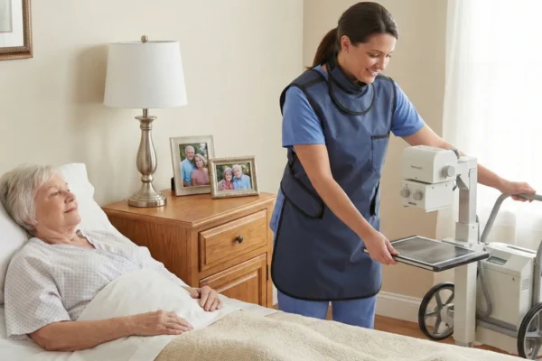 An over-the-shoulder close-up shot of an elderly man at a wooden desk under warm light. He is holding a blue and white "MEDICARE CARD" and a printed HCI Radiology brochure titled "Accessible Care for Seniors." In the blurred background, a laptop screen displays a "Patient Portal" with a "Billing Summary" table, creating a composition that conveys financial clarity and healthcare accessibility.