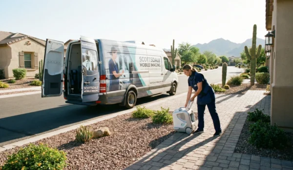 Wide-angle outdoor shot in bright natural daylight featuring a professional medical van parked in a Scottsdale residential neighborhood with mountains and cacti in the background. The van’s open rear doors reveal diagnostic equipment, while a female technologist in navy scrubs unloads a compact white portable X-ray unit onto a stone-paved walkway. The side of the van clearly displays the text "SCOTTSDALE MOBILE IMAGING" and "HCI RADIOLOGY".