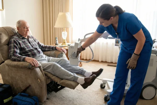 A serene interior home setting illuminated by soft natural light from a nearby window. A female technologist wearing a dark blue lead radiation apron over blue scrubs is shown carefully positioning a sleek, high-tech portable X-ray detector under an elderly woman resting comfortably in a beige bed. The composition is clean and focused, emphasizing a calm and professional medical environment.