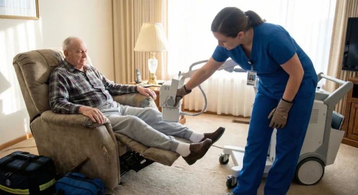 A serene interior home setting illuminated by soft natural light from a nearby window. A female technologist wearing a dark blue lead radiation apron over blue scrubs is shown carefully positioning a sleek, high-tech portable X-ray detector under an elderly woman resting comfortably in a beige bed. The composition is clean and focused, emphasizing a calm and professional medical environment.