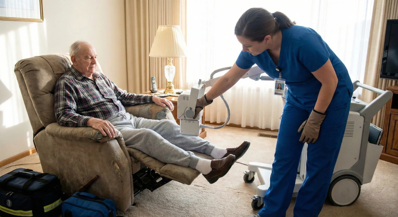 A serene interior home setting illuminated by soft natural light from a nearby window. A female technologist wearing a dark blue lead radiation apron over blue scrubs is shown carefully positioning a sleek, high-tech portable X-ray detector under an elderly woman resting comfortably in a beige bed. The composition is clean and focused, emphasizing a calm and professional medical environment.