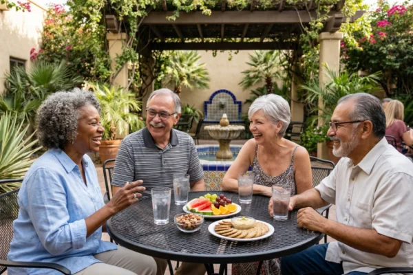 Bright, intense natural sunlight fills a lush Spanish-style courtyard (Mission/Pueblo architecture) featuring stone walls, potted desert plants (Agave, Saguaro), and a vibrant blooming bougainvillea. A horizontal composition captures four diverse senior adults laughing together around a centered, black wrought-iron mesh table. Sunlight casts distinct shadows on the patio floor. The table is laden with bowls of nuts, glasses of water, vibrant plates of fresh sliced watermelon and citrus fruit, and circular crackers on white plates. A decorative tiled fountain is visible in the background, all captured in warm, high-contrast natural daylight.