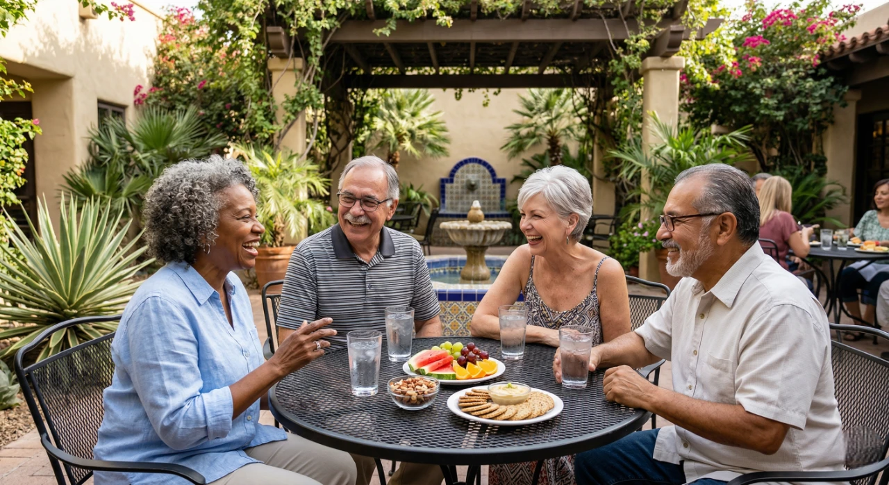 Bright, intense natural sunlight fills a lush Spanish-style courtyard (Mission/Pueblo architecture) featuring stone walls, potted desert plants (Agave, Saguaro), and a vibrant blooming bougainvillea. A horizontal composition captures four diverse senior adults laughing together around a centered, black wrought-iron mesh table. Sunlight casts distinct shadows on the patio floor. The table is laden with bowls of nuts, glasses of water, vibrant plates of fresh sliced watermelon and citrus fruit, and circular crackers on white plates. A decorative tiled fountain is visible in the background, all captured in warm, high-contrast natural daylight.