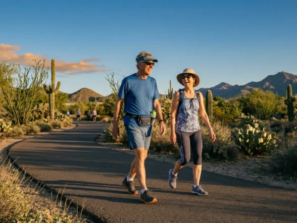A wide-angle shot of a senior couple walking on a paved winding path in a desert park during golden hour. Warm, low-angled sunlight creates long shadows and highlights the texture of the cacti and mountains in the background. The man in a blue shirt and the woman in a sun hat are captured in mid-stride, smiling at each other.