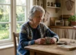 A quiet, medium shot of an elderly woman with grey hair sitting at a rustic wooden kitchen table, holding a ceramic mug with both hands. Soft, diffused daylight from a large window on the left illuminates her face and her blue patterned cardigan. On the table lies a pair of glasses and a book with the visible title "Quiet Moments."