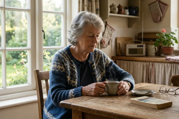 A quiet, medium shot of an elderly woman with grey hair sitting at a rustic wooden kitchen table, holding a ceramic mug with both hands. Soft, diffused daylight from a large window on the left illuminates her face and her blue patterned cardigan. On the table lies a pair of glasses and a book with the visible title "Quiet Moments."