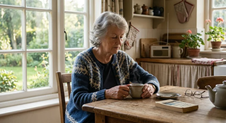 A quiet, medium shot of an elderly woman with grey hair sitting at a rustic wooden kitchen table, holding a ceramic mug with both hands. Soft, diffused daylight from a large window on the left illuminates her face and her blue patterned cardigan. On the table lies a pair of glasses and a book with the visible title "Quiet Moments."