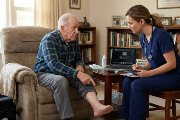 A wide medium shot in a warm, domestic setting with soft indoor lighting. An elderly man in a plaid shirt sits in a tan recliner, pointing toward his lower leg while speaking to a female specialist in navy scrubs. The specialist is seated on a wooden chair, holding a tablet and a stylus, with a laptop open on a nearby coffee table showing a black-and-white ultrasound image. A professional black medical equipment bag is visible on the floor in the foreground.