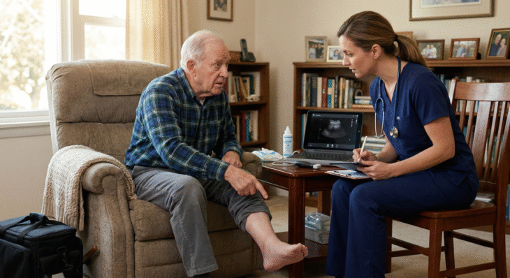 A wide medium shot in a warm, domestic setting with soft indoor lighting. An elderly man in a plaid shirt sits in a tan recliner, pointing toward his lower leg while speaking to a female specialist in navy scrubs. The specialist is seated on a wooden chair, holding a tablet and a stylus, with a laptop open on a nearby coffee table showing a black-and-white ultrasound image. A professional black medical equipment bag is visible on the floor in the foreground.