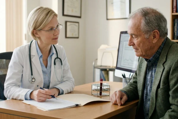 A bright, well-lit medical consultation room in soft daylight from the left. A medium shot composition of two people seated across a clean wooden desk. A blonde doctor wearing glasses, a blue shirt, and a white lab coat with a stethoscope is on the left, slightly turned. She holds a pen over a medical chart. A senior patient in a plaid shirt and green tweed jacket sits on the right, looking down thoughtfully. Between them on the desk are a metal pen holder and a single blood sample vial in a rack near a blurred computer monitor showing a generic graph. The background is a slightly blurred clinic office with bookshelves and framed unreadable certificates, all bathed in clean, warm natural light.