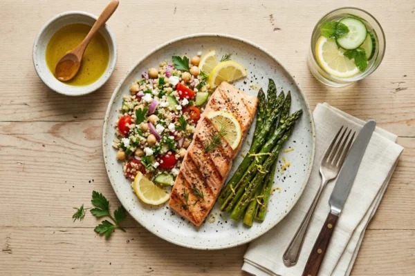 High-angle, overhead photograph of a plated, grilled salmon fillet, a quinoa-chickpea salad with cherry tomatoes, cucumbers, and feta, and grilled asparagus. Arranged around the plate on a light wood table are a small bowl of olive oil with a wooden spoon, a glass of water with lemon slices and mint, and silverware on a linen napkin. Soft, natural overhead light.