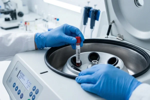 A high-angle, close-up shot of a modern white laboratory centrifuge. A technician wearing blue nitrile gloves and a white lab coat is carefully inserting a blood collection vial with a red cap and a barcode label into one of the rotor slots. The scene is illuminated by bright, cool-toned clinical lighting, with blurred pipettes and medical equipment in the clean background.