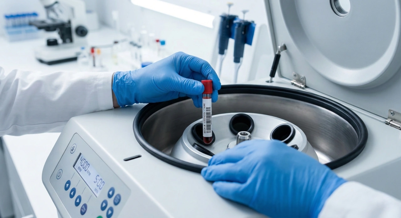A high-angle, close-up shot of a modern white laboratory centrifuge. A technician wearing blue nitrile gloves and a white lab coat is carefully inserting a blood collection vial with a red cap and a barcode label into one of the rotor slots. The scene is illuminated by bright, cool-toned clinical lighting, with blurred pipettes and medical equipment in the clean background.