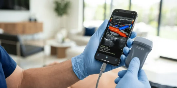 A close-up of hands in blue medical gloves holding a handheld POCUS (Point-of-Care Ultrasound) probe and a smartphone. The phone screen shows a real-time vascular scan with AI-driven diagnostic overlays like vessel diameter and blood flow velocity.