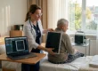 A photorealistic wide shot of a female doctor in a white lab coat positioning a slim digital X-ray panel behind a senior man sitting on a bed. Warm, natural light streams through a large window, illuminating a laptop on a bedside table showing medical imaging software and a family photo in a frame on the dresser.