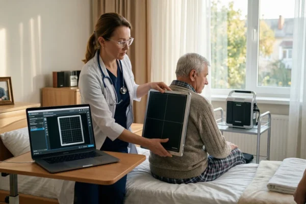 A photorealistic wide shot of a female doctor in a white lab coat positioning a slim digital X-ray panel behind a senior man sitting on a bed. Warm, natural light streams through a large window, illuminating a laptop on a bedside table showing medical imaging software and a family photo in a frame on the dresser.