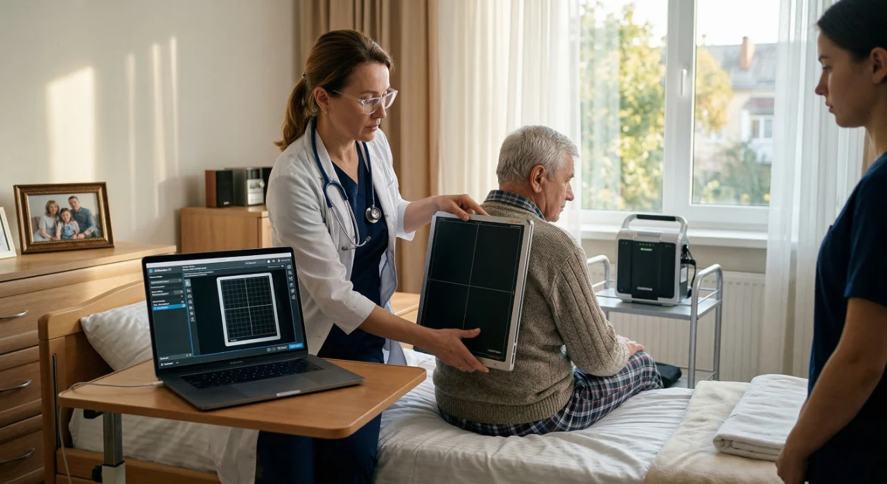 A photorealistic wide shot of a female doctor in a white lab coat positioning a slim digital X-ray panel behind a senior man sitting on a bed. Warm, natural light streams through a large window, illuminating a laptop on a bedside table showing medical imaging software and a family photo in a frame on the dresser.