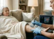 A healthcare professional in blue gloves performing a Doppler ultrasound scan on an elderly woman’s leg while she rests on a sofa. The screen displays a clear vascular scan, illustrating home-based DVT screening and senior care.