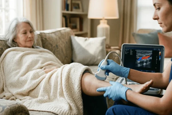 A healthcare professional in blue gloves performing a Doppler ultrasound scan on an elderly woman’s leg while she rests on a sofa. The screen displays a clear vascular scan, illustrating home-based DVT screening and senior care.