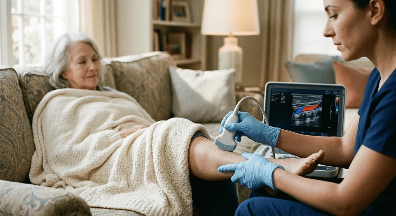 A healthcare professional in blue gloves performing a Doppler ultrasound scan on an elderly woman’s leg while she rests on a sofa. The screen displays a clear vascular scan, illustrating home-based DVT screening and senior care.