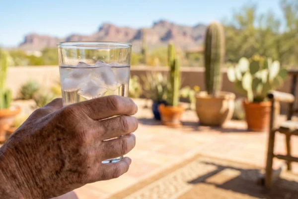 Intense, harsh natural desert sunlight illuminates the foreground from the left, highlighting the detailed texture of a senior adult's sun-weathered hand. An extreme close-up first-person perspective, where the hand, with prominent veins and age spots, grips a clear glass. The glass is filled with highly visible ice cubes and water, showing condensation defined by the strong light. A sharp, high-contrast shadow of the hand and glass is cast on the textured rug and patio floor below. The background is an extremely blurred (shallow depth of field) desert landscape featuring terracotta pots, varied cacti (including a distinct saguaro), and warm adobe architecture under a clear blue sky, all bathed in warm high-contrast daylight.