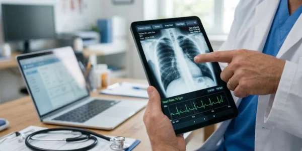 A close-up, shallow-depth-of-field shot of a doctor’s hands holding a black tablet displaying a clear chest X-ray and a bright green EKG waveform with the text "Heart Rate: 76 bpm." The background is a blurred, sunlit medical office with a silver laptop and a stethoscope on a wooden desk.