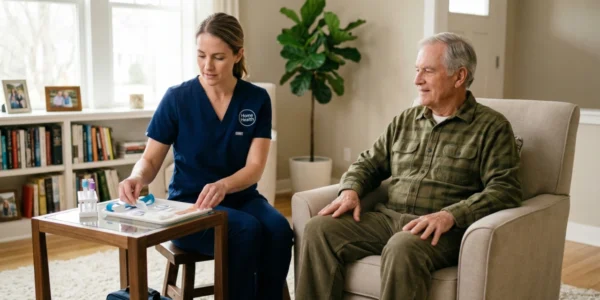 A wide, horizontal shot of a sunlit living room with warm natural light. A female healthcare professional in navy scrubs, featuring a circular "Home Health" logo, sits on a small stool while organizing sterile medical supplies on a wooden side table. To her right, an elderly man in a green plaid shirt sits relaxed in a beige armchair, watching the process. The background includes a leafy green plant and a bookshelf, creating a calm and professional domestic atmosphere.