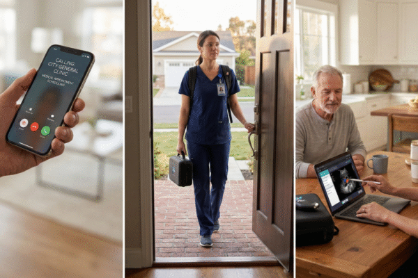 A three-panel triptych showing the diagnostic process in bright, airy natural light. The left panel shows a close-up of a hand holding a smartphone with the screen text "CALLING: CITY GENERAL CLINIC." The middle panel depicts a female specialist in navy scrubs carrying a black equipment case as she enters a brick-front residential doorway. The right panel shows the specialist and a senior man sitting at a wooden kitchen table, reviewing a cardiac ultrasound image on a laptop screen featuring red and blue Doppler mapping.