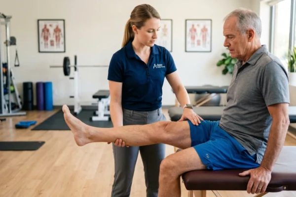 Medium profile shot in a bright, modern physical therapy clinic. A female therapist in a navy polo with an "Apex Physical Therapy" logo is gently supporting a senior man's extended leg during a knee assessment. The composition is clean and clinical, with diffused natural light from large windows and out-of-focus gym equipment and anatomy posters in the background.