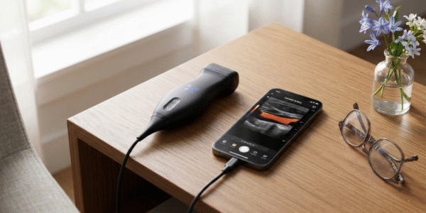 A high-angle, close-up shot of a sleek black handheld ultrasound probe and a smartphone resting on a light-colored wooden side table. Soft natural window light illuminates the scene from the left. The smartphone screen displays a high-contrast carotid artery ultrasound with red and blue Doppler flow colors and the text "Carotid Artery" at the top. A pair of wire-rimmed glasses and a small glass vase with delicate blue flowers sit in the blurred background.